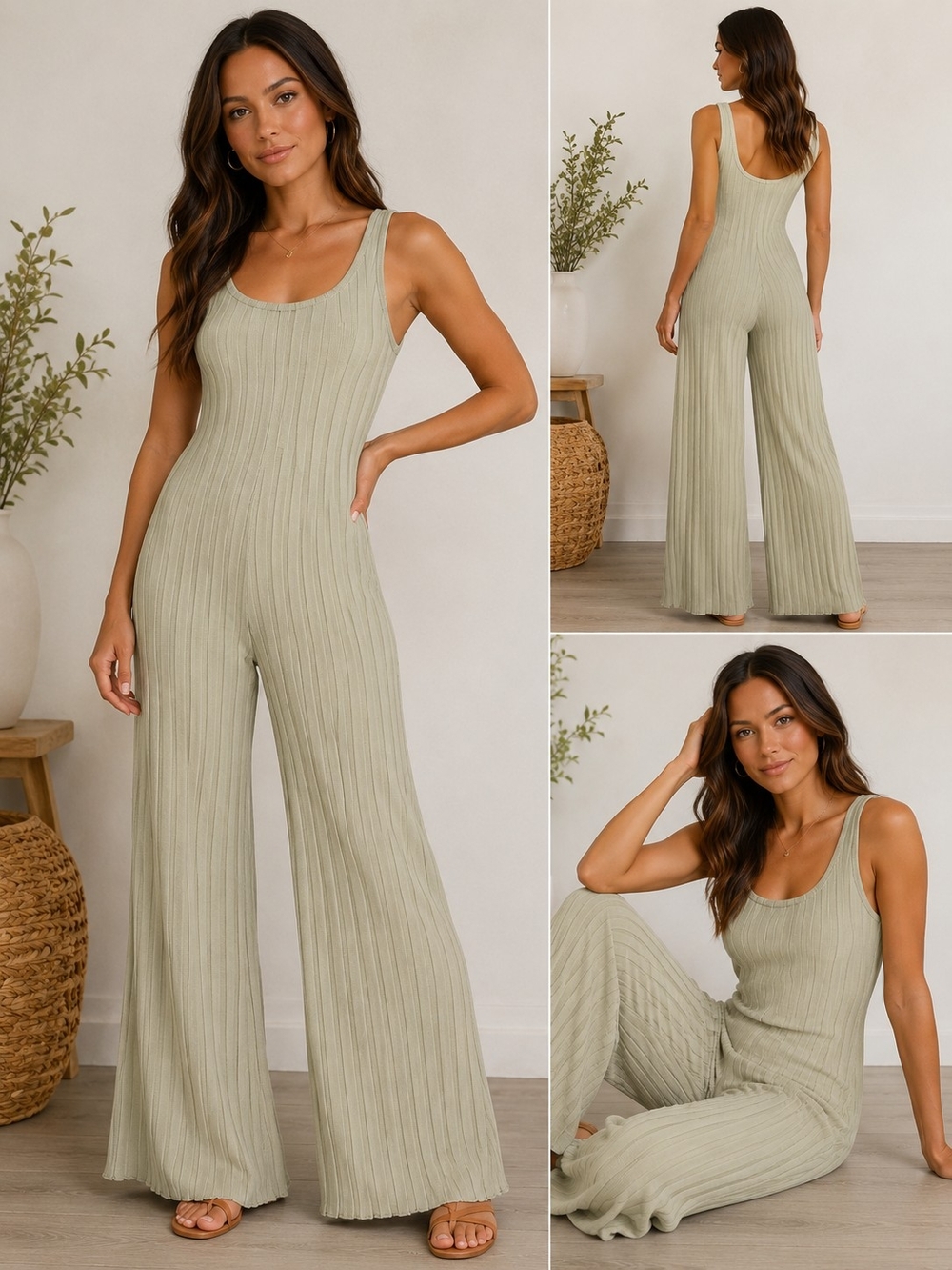 Zara Ribbed Wide Leg Knit Jumpsuit Tan Size Medium
